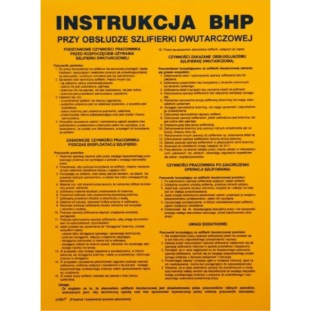 ANRO Znak Bezpieczeństwa „Instrukcja BHP przy obsłudze szlifierki dwutarczowej”