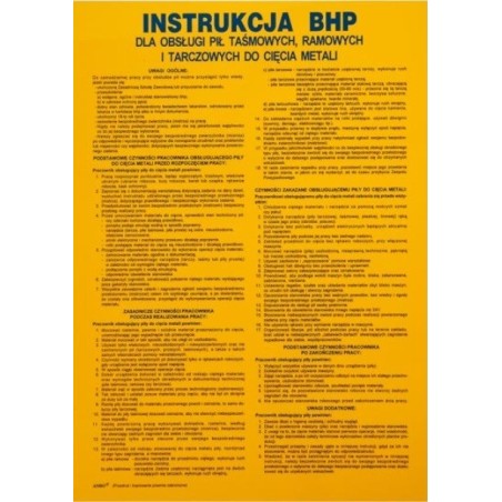ANRO Znak Bezpieczeństwa „Instrukcja BHP przy obsłudze pił taśmowych, ramowych i tarczowych do cięcia metali"