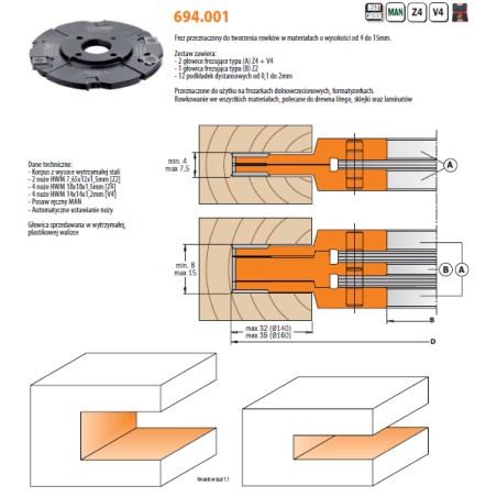 CMT 694.001.40 CMT REGULOWANA GŁOWICA DO ROWKOWANIA D 160MM B 40MM Z+V 4+4 TYP.694.001