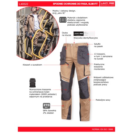 LAHTI PRO Spodnie Ochronne SLIM-FIT Brązowo-Czarne 2XL L4052205