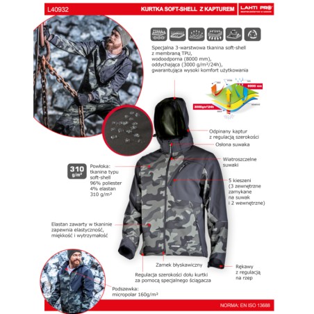 LAHTI PRO Kurtka Softshell Z Kapturem Moro Zielono-Czarna M L4093202