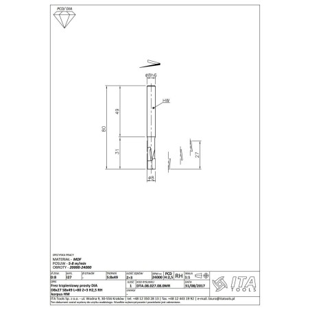 CMT DTA.08.027.08.0MR Frez Diam. D8 l27 S8x50 Z3 H2,5 RH