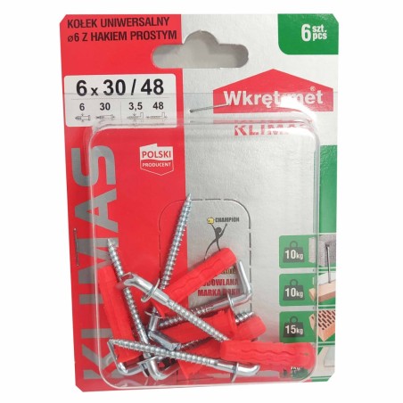WKRĘT-MET Blister Łącznik z Hakiem 6/30x48 Czerwony Prosty 6szt  BSFXL-06030048