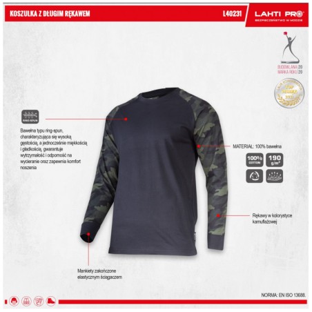 LAHTI PRO Koszula z Długim Rękawem 190g MORO-CZARNA S L4023101