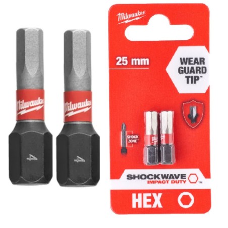 MILWAUKEE Bit HEX 25mm 4mm 2szt Udarowy SHOCKWAVE 4932430895
