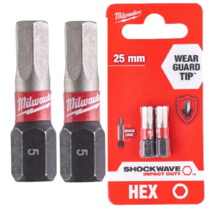 MILWAUKEE Bit HEX 25mm 5mm 2szt Udarowy SHOCKWAVE 4932430896