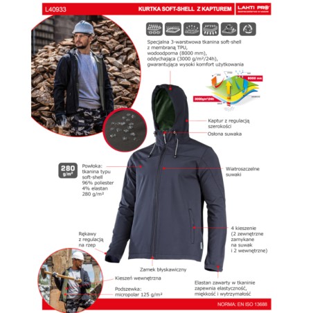 LAHTI PRO Kurtka SoftShell z Kapturem SZARA XL L4093404