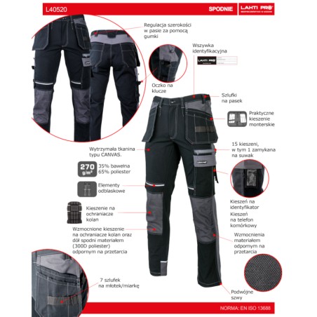 LAHTI PRO Spodnie Czarno-Szare Ze Wzmocnieniami 2XL L4052005