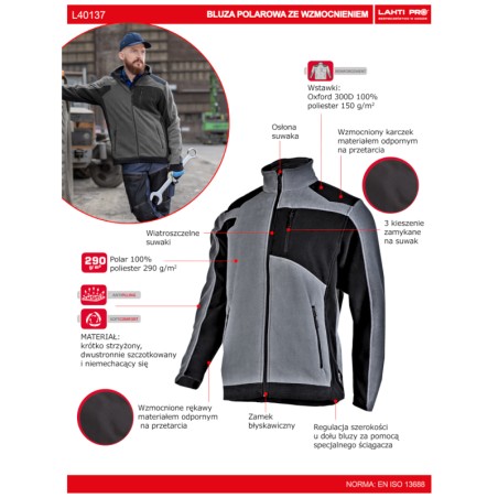 LAHTI PRO Bluza Polarowa ze Wzmocnieniami SZARO-CZARNA M L4013702