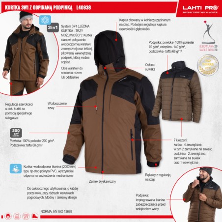LAHTI PRO Kurtka 3w1 Z Odpinaną Popdinką BRĄZOWO-CZARNA L L4093803