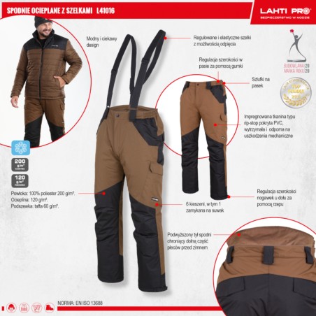 LAHTI PRO Spodnie Ocieplane Z Szelkami Brązowo-Czarne 2XL L4101605