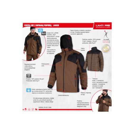 LAHTI PRO Kurtka 3w1 Z Odpinaną Popdinką BRĄZOWO-CZARNA 3XL (L4093806)