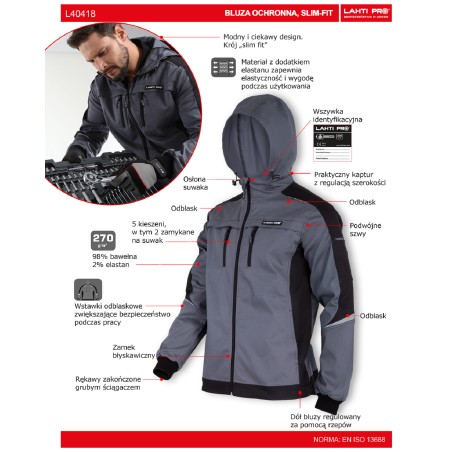 LAHTI PRO Bluza Szaro-Czarna  Slim-Fit Kaptur 2XL (L4041805)