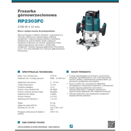 MAKITA Frezarka Górnowrzecionowa 12 mm 2100W (RP2303FCX)