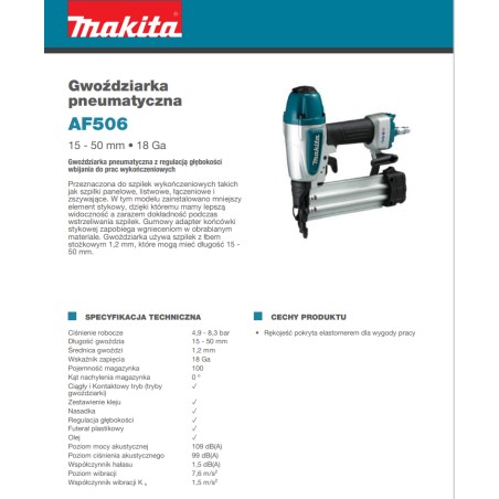 MAKITA Gwoździarka Pneumatyczna (AF506) Gwoździe 1,2 mm/15-50 mm